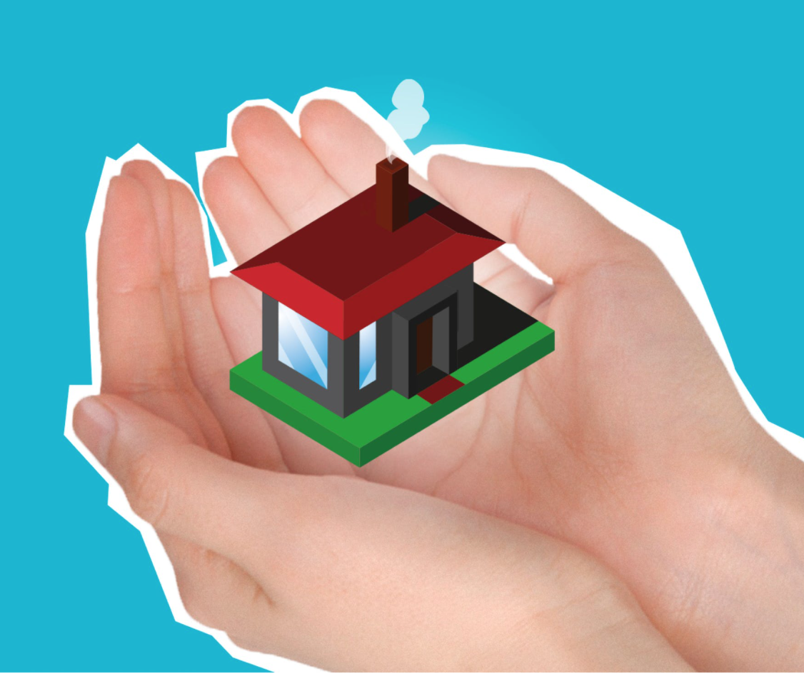 Female hands holding a cartoon house with red roof